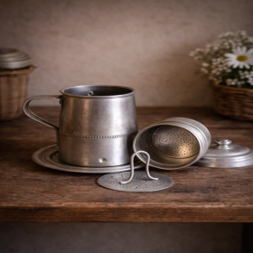 Cafetière individuelle ancienne en aluminium – cafetière vintage brocante