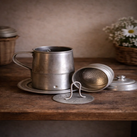 Cafetière individuelle ancienne en aluminium – cafetière vintage brocante
