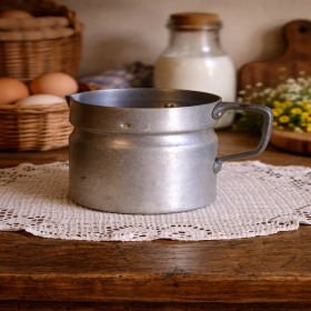 Pot à lait ancien en aluminium poignée rivetée – ustensile cuisine brocante