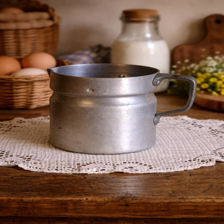 Pot à lait ancien en aluminium poignée rivetée – ustensile cuisine brocante