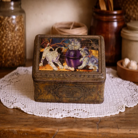 Antique kitten lithographed tin box – vintage collectible tin
