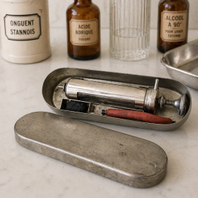 Ancienne seringue médicale en coffret métal
