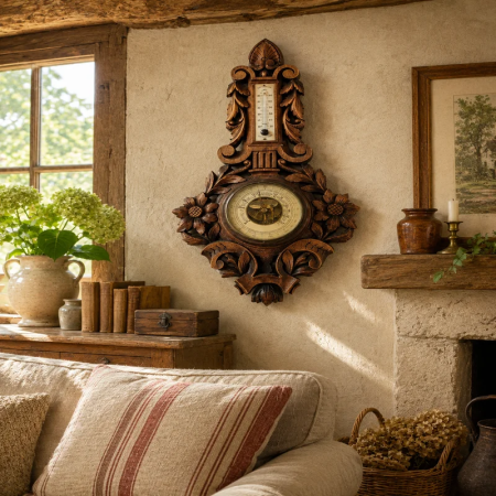 Authentic French Vintage Wooden Barometer